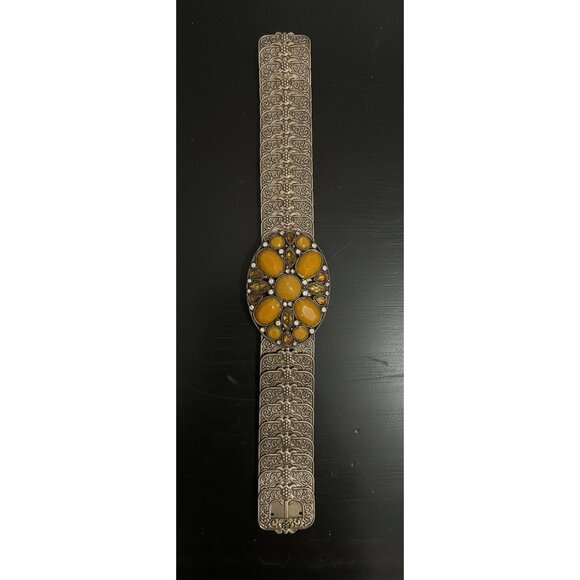 Vintage-Style Ornate Stretch Belt with Amber Cabochons - Picture 1 of 5